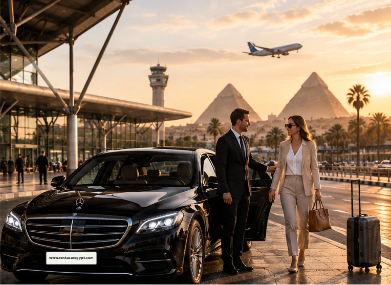 A private driver meeting a couple at Cairo Airport with a black Mercedes