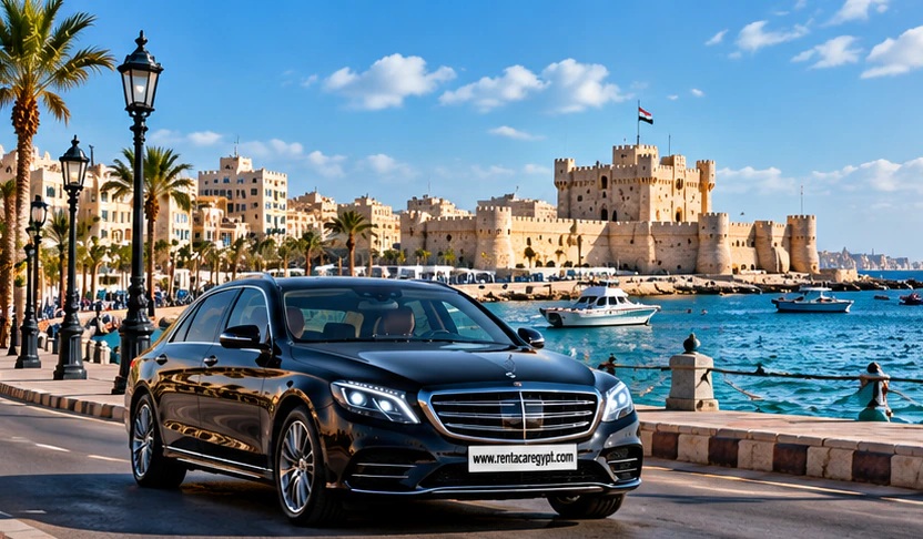مرسيدس S-Class سوداء مع سائق على كورنيش الإسكندرية عند قلعة قايتباي